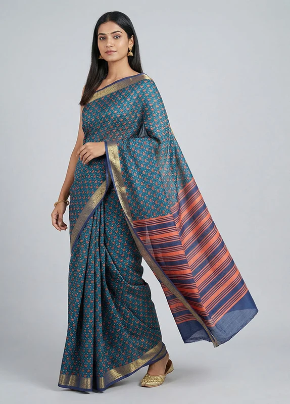 Blue Printed Pure Silk Saree Without Blouse Piece One Size