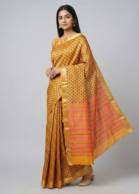 Yellow Printed Pure Silk Saree Without Blouse Piece One Size