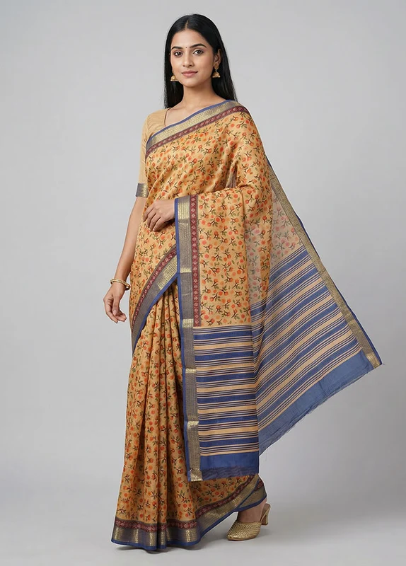 Cream Printed Pure Silk Saree Without Blouse Piece One Size
