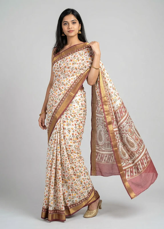 White Printed Pure Silk Saree Without Blouse Piece One Size
