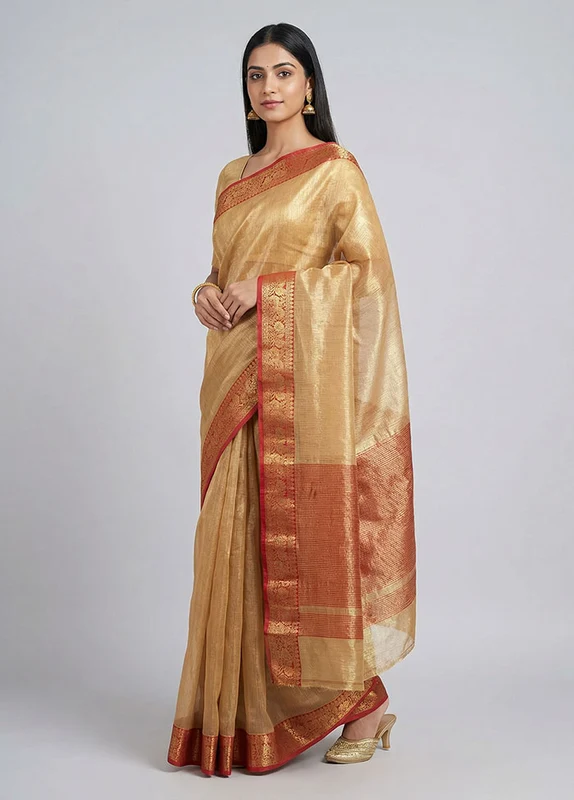 Gold Cotton Saree With Blouse Piece One Size