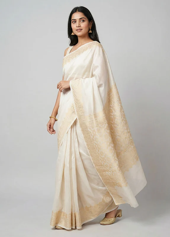 White Cotton Saree With Blouse Piece One Size