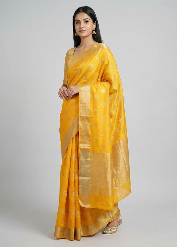 Yellow Chanderi Silk Saree With Blouse Piece One Size