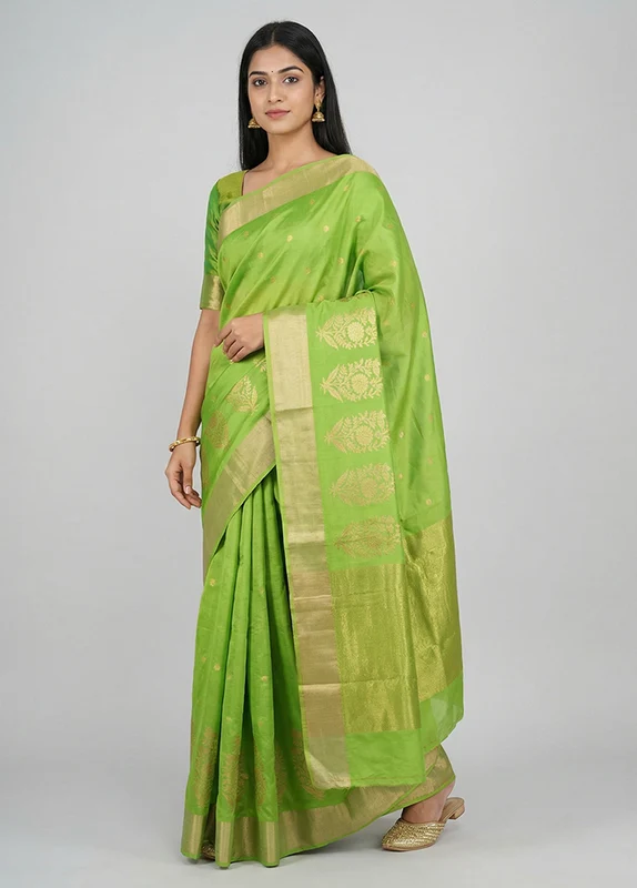 Green Handloom Chanderi Pure Silk Saree With Blouse Piece One Size
