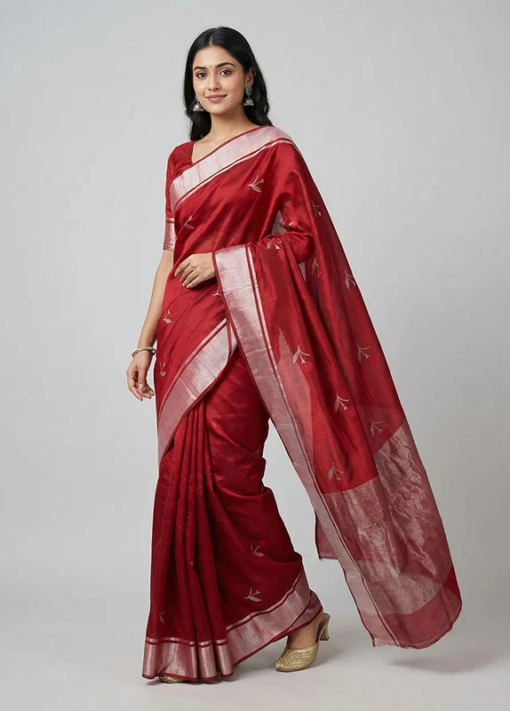 Maroon Handloom Chanderi Pure Silk Saree With Blouse Piece One Size