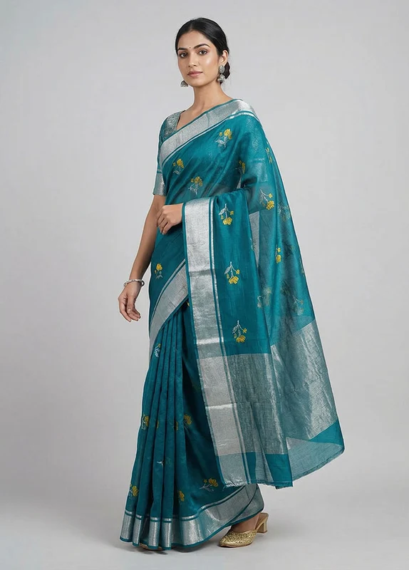 Blue Handloom Chanderi Pure Silk Saree With Blouse Piece One Size