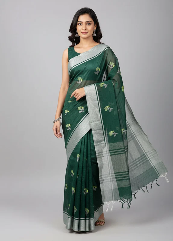 Green Handloom Chanderi Pure Silk Saree With Blouse Piece One Size