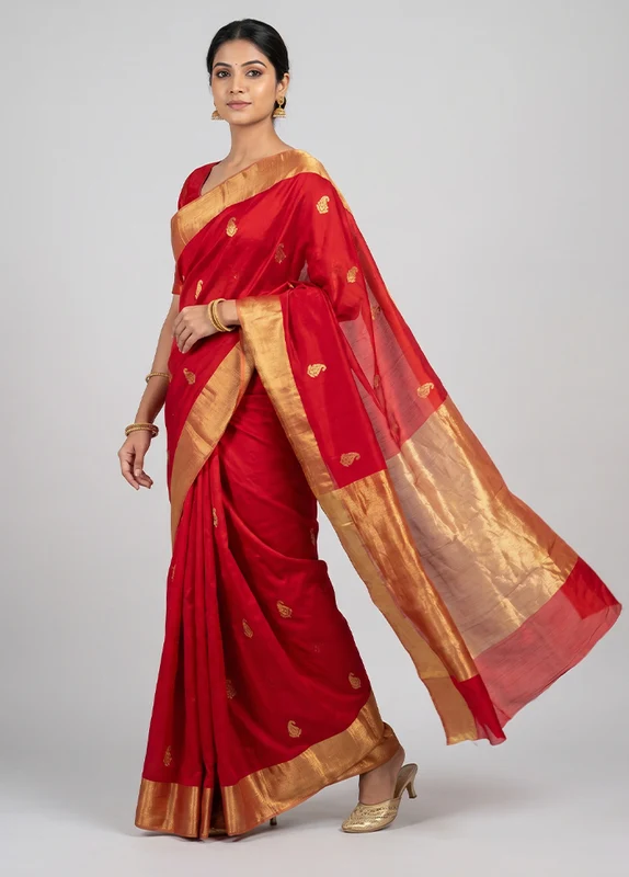 Red Handloom Chanderi Pure Silk Saree With Blouse Piece One Size