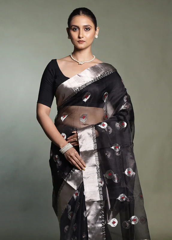 Black Handloom Chanderi Pure Cotton Saree With Blouse Piece Onesize