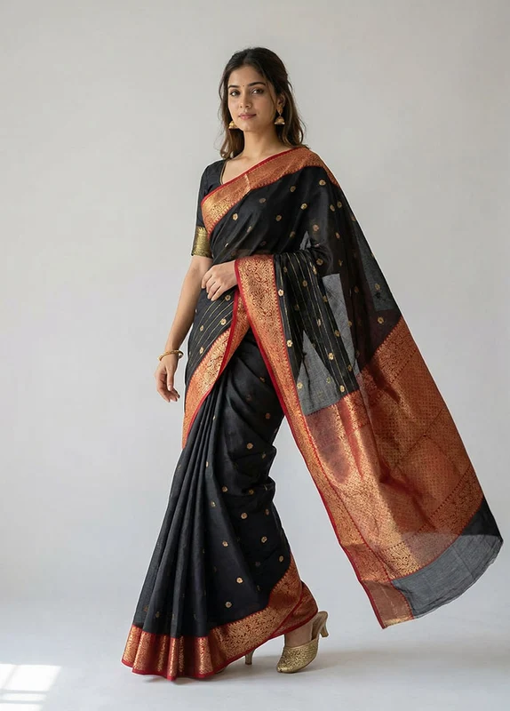 Black Handloom Chanderi Pure Silk Saree With Blouse Piece One Size