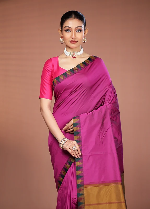 Pink Kanjivaram Silk Saree With Blouse Piece One Size