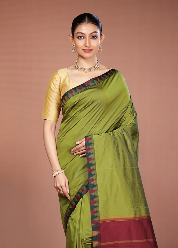 Green Kanjivaram Silk Saree With Blouse Piece One Size