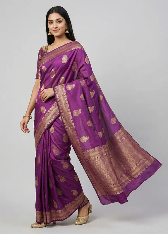 Purple Kanjivaram Silk Saree With Blouse Piece One Size