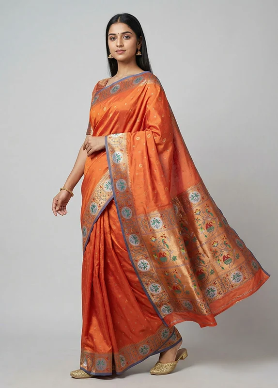 Rust Dupion Silk Saree With Blouse Piece One Size