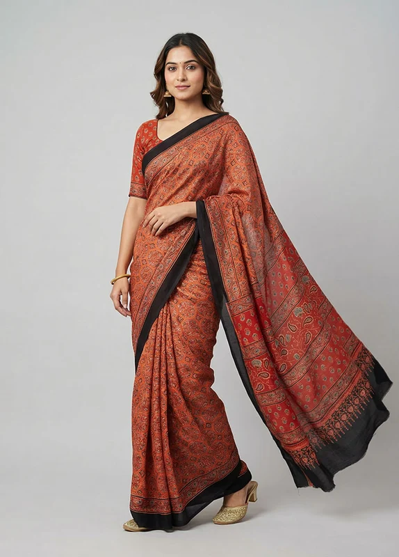 Red Modal Silk Saree Without Blouse Piece One Size