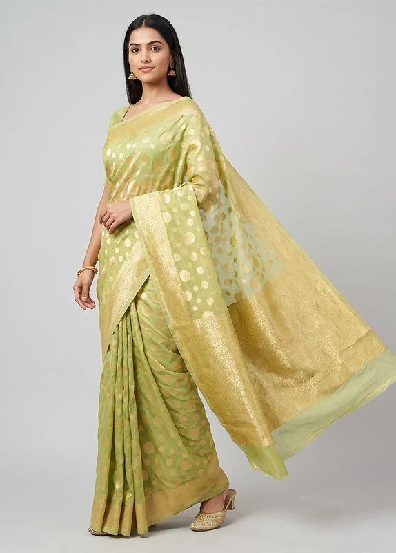 Green Cotton Saree With Blouse Piece One Size