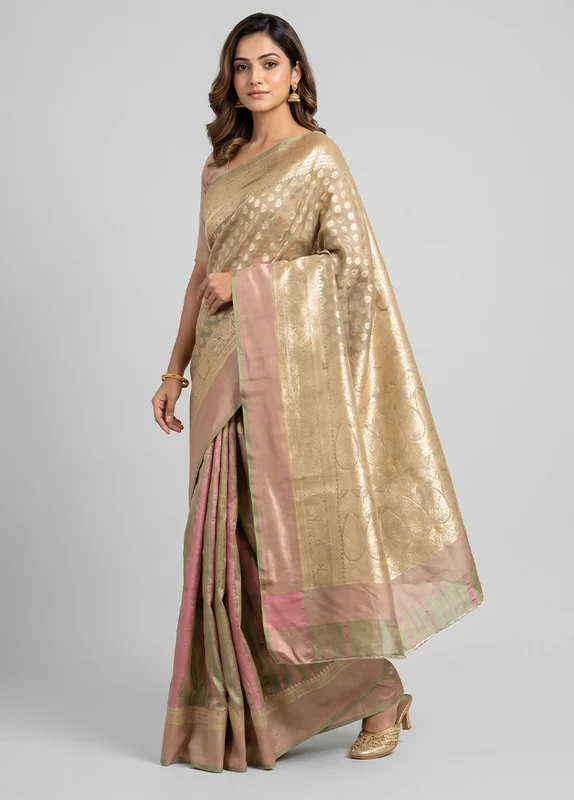 Cream Banarasi Silk Saree With Blouse Piece One Size