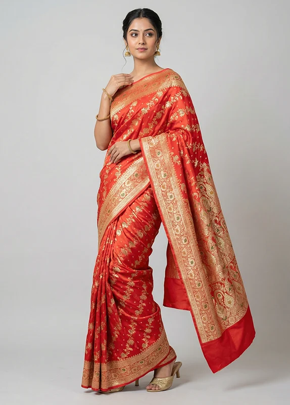 Pink Banarasi Silk Saree With Blouse Piece One Size