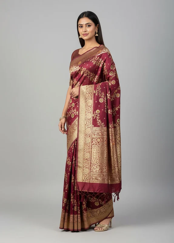 Purple Banarasi Silk Saree With Blouse Piece One Size