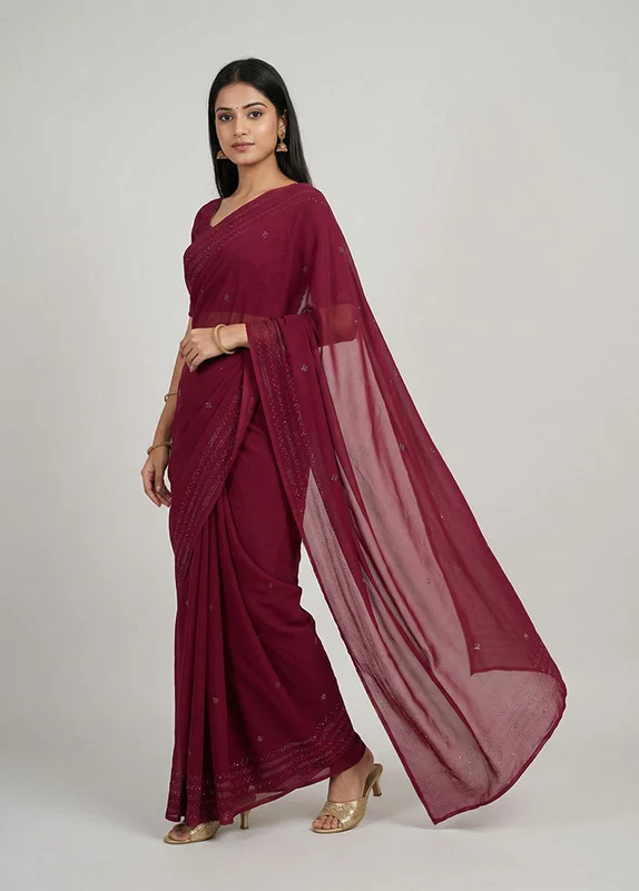 Maroon Chiffon Silk Saree With Blouse Piece One Size