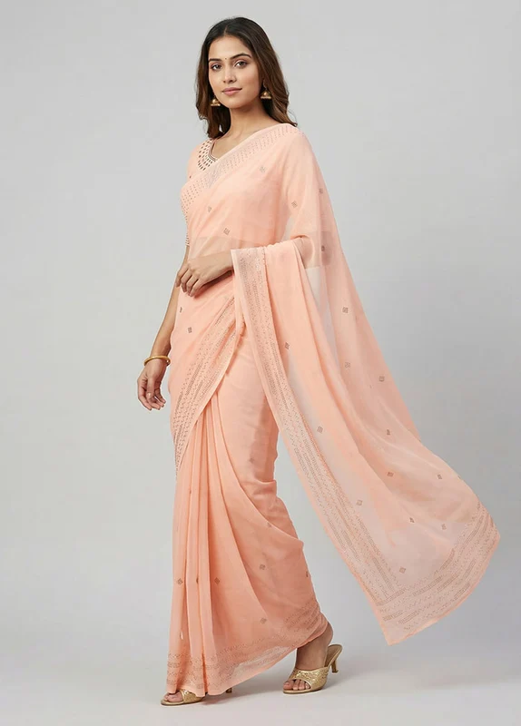 Peach Chiffon Silk Saree With Blouse Piece One Size