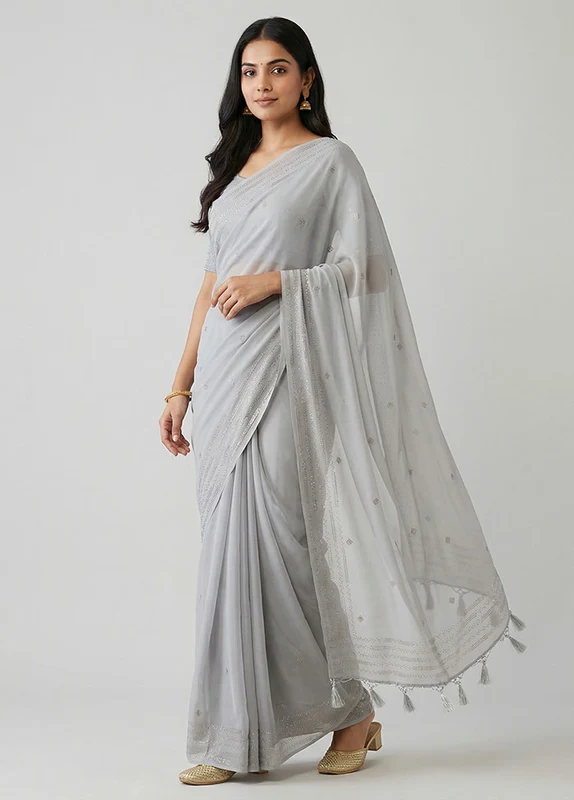 Grey Chiffon Silk Saree With Blouse Piece One Size