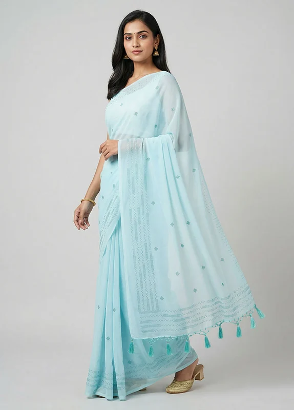 Blue Chiffon Silk Saree With Blouse Piece One Size