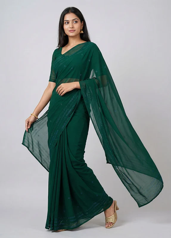 Green Chiffon Silk Saree With Blouse Piece One Size