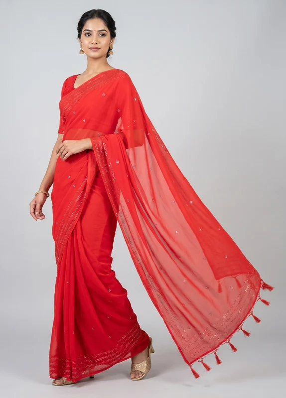 Red Chiffon Silk Saree With Blouse Piece One Size