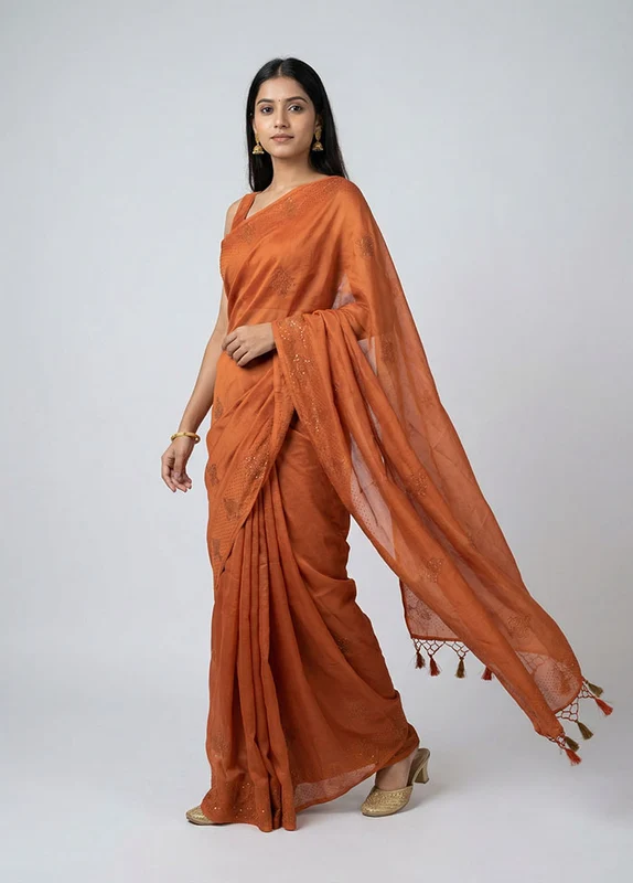 Rust Tussar Silk Saree With Blouse Piece One Size
