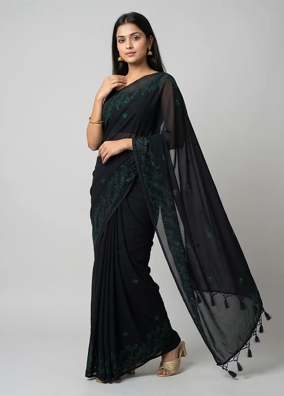 Blue Georgette Saree With Blouse Piece One Size