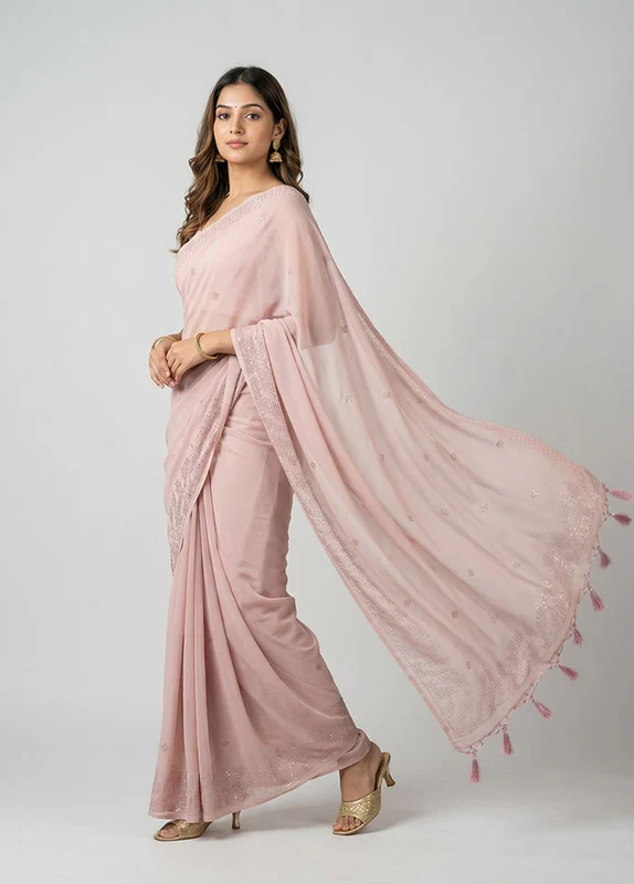 Pink Georgette Saree With Blouse Piece One Size