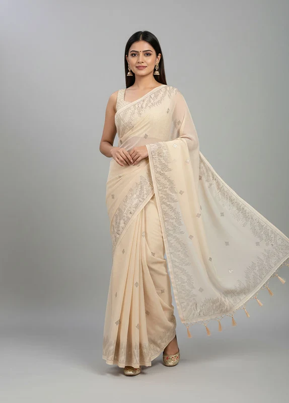 Peach Georgette Saree With Blouse Piece One Size