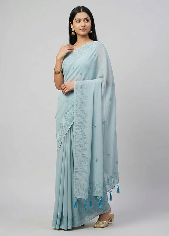 Blue Georgette Saree With Blouse Piece One Size