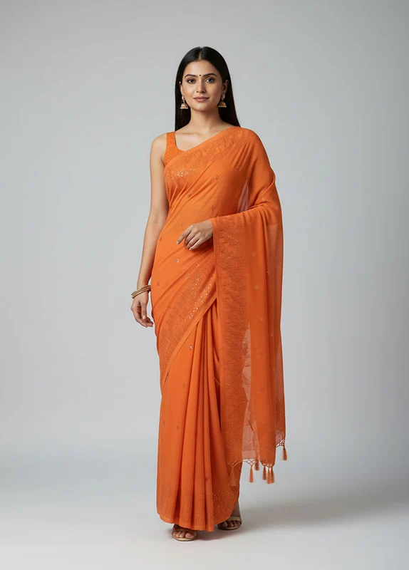 Rust Georgette Saree With Blouse Piece One Size
