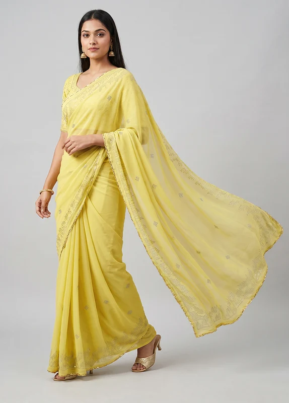 Green Georgette Saree With Blouse Piece One Size