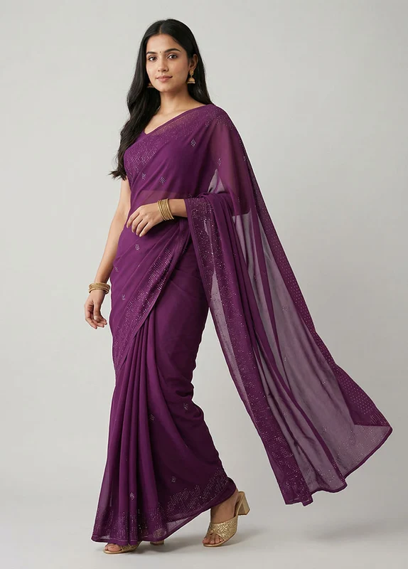Purple Georgette Saree With Blouse Piece One Size