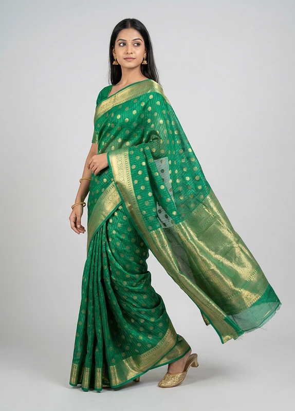 Green Dupion Silk Saree With Blouse Piece One Size