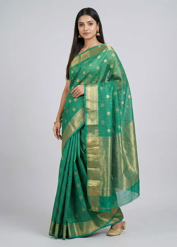 Green Dupion Silk Saree With Blouse Piece One Size