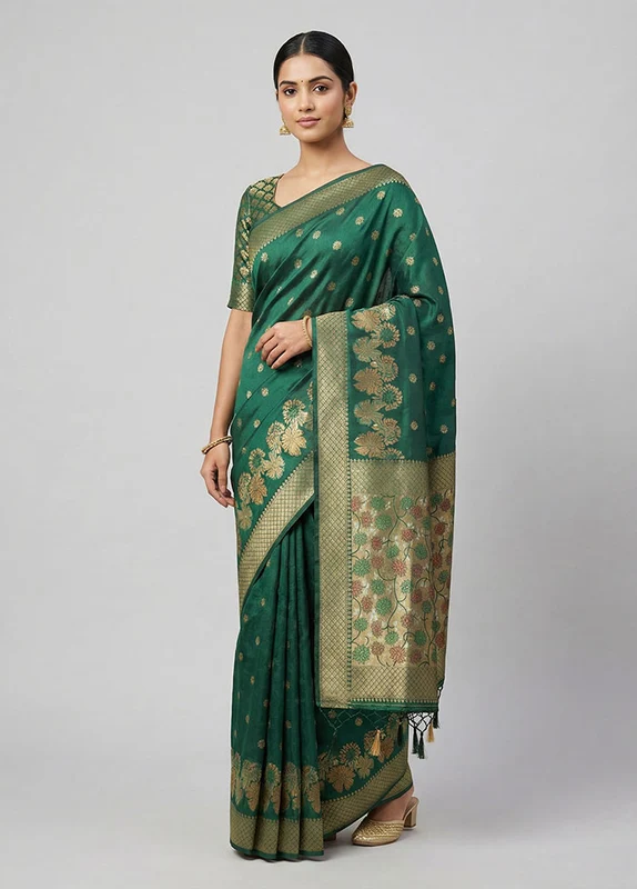 Green Dupion Silk Saree With Blouse Piece One Size