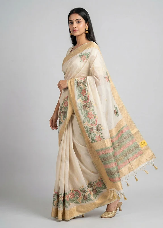 Cream Dupion Silk Saree With Blouse Piece One Size