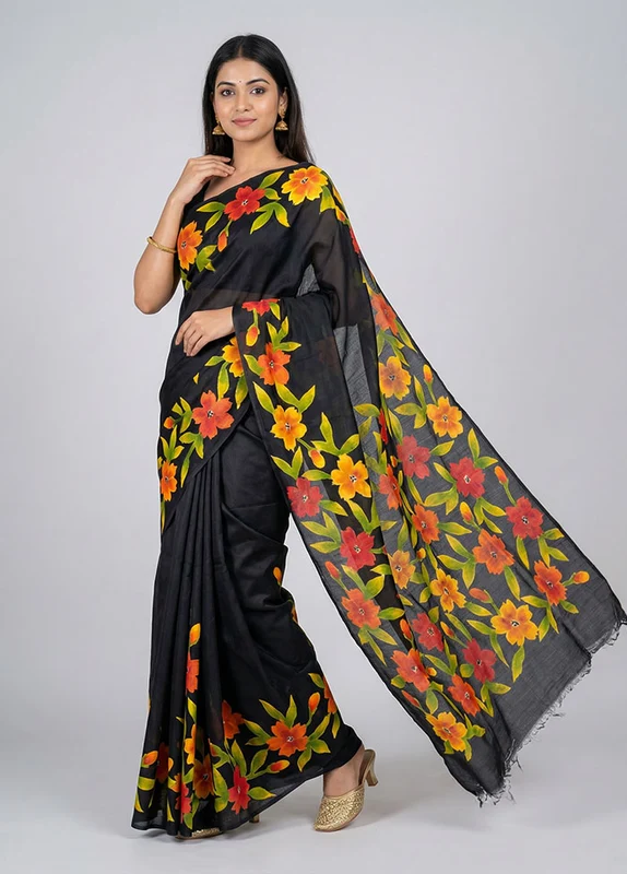 Black Printed Silk Saree Without Blouse Piece One Size