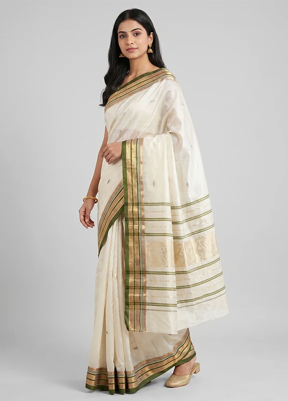 Cream Garad Silk Saree Without Blouse Piece One Size