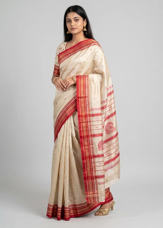 Cream Garad Silk Saree Without Blouse Piece One Size