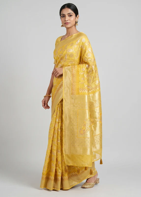 Yellow Dupion Silk Saree With Blouse Piece One Size