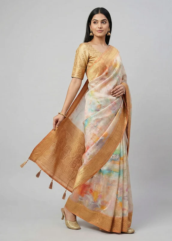 Yellow Dupion Silk Saree With Blouse Piece One Size