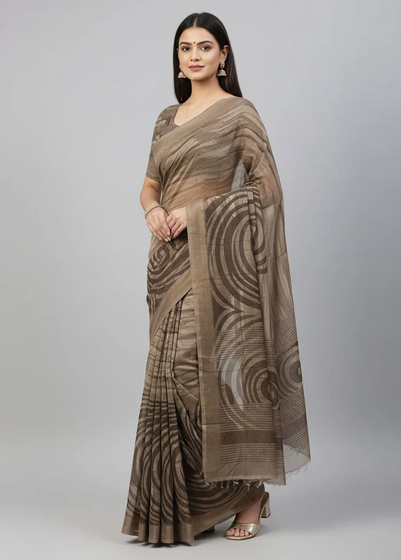 Brown Chiffon Silk Saree With Blouse Piece One Size