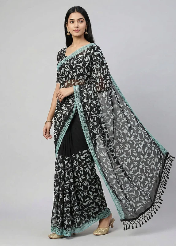 Black Chiffon Silk Saree With Blouse Piece One Size