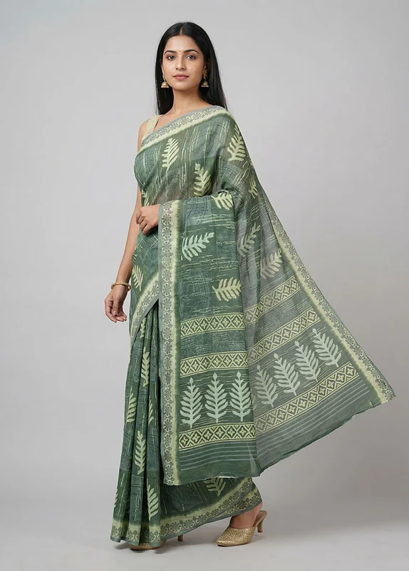 Green Chiffon Silk Saree With Blouse Piece One Size
