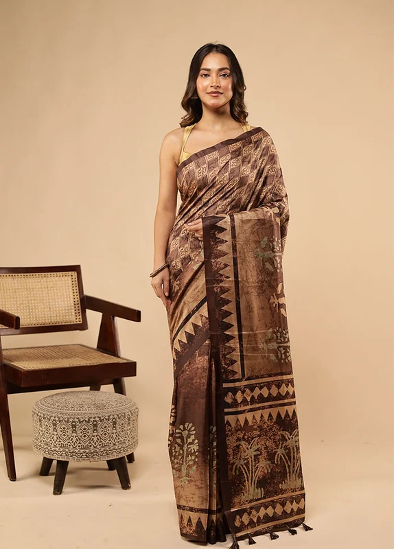 Brown Dupion Silk Saree With Blouse Piece One Size